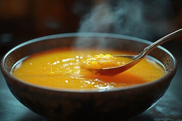 Hot Steaming Homemade Vegetable Soup in Rustic Bowl with Spoon Comfort Food Recipe in Natural Light