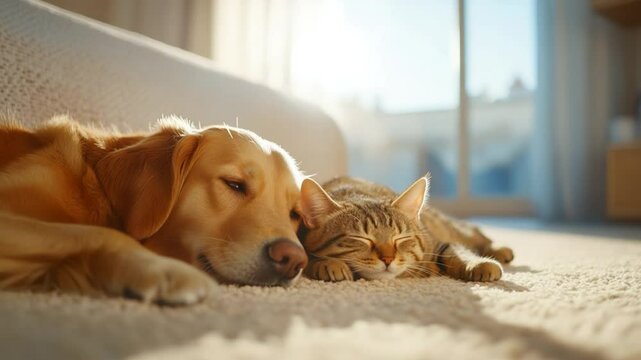 Resting dog and cat on carpet warm sunlight domestic animal friendship - Powered by Adobe