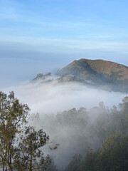 Misty Mountain Landscape with Forest and Blue Sky in Morning Light