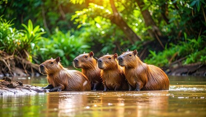 Capybaras relaxing in tropical river water, surrounded by lush greenery