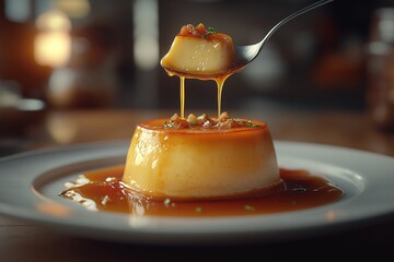 Indulgent Homemade Flan Dessert with Caramel Syrup. A Delicious Restaurant Treat Highlighting Creamy Comfort Food Delight