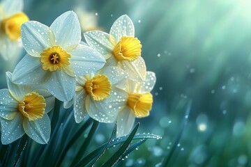 Vibrant Yellow and White Daffodils in Spring. Nature's Botanical Beauty in Bloom with Water Droplets