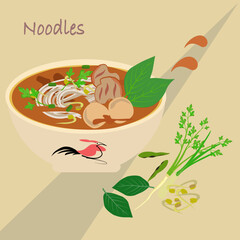 Asian food illustration Noodles is a hot noodle food made from handmade noodles.