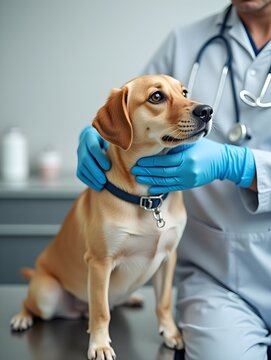 veterinarian treating dog in clean animal clinic.