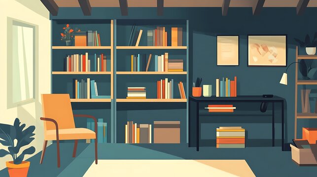 Cozy home library interior scene with bookshelves, chair, and desk.