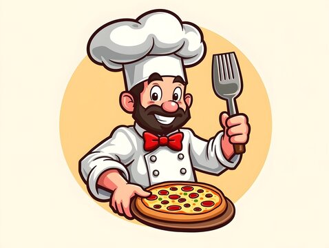 exclusive Emblem funny chef with pizza food design illustration