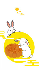 A cute white rabbit makes a mooncake with a yellow moon background and a circular composition