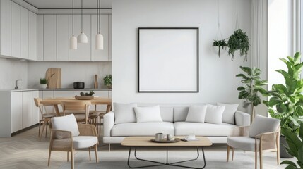 Mockup poster frames on the wall of living room Interior mockup Apartment background Modern Japandi interior design 3D render