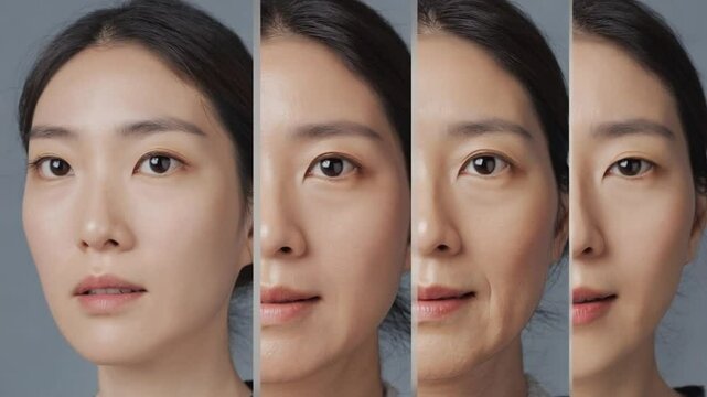 A composite image showing the aging process of an East Asian woman, from youth to elderly, symbolizing time and beauty.