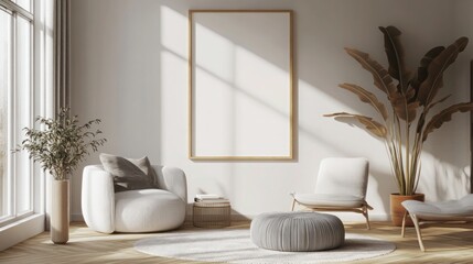 Mockup poster frames on the wall of living room Interior mockup Apartment background Modern Japandi interior design 3D render