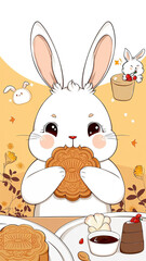 The lovely white rabbit ate mooncakes and pastries for afternoon tea