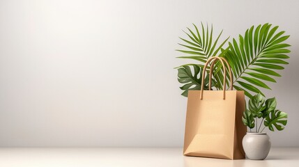 Brown Paper Shopping Bag with Tropical Plants on White Textured Wall