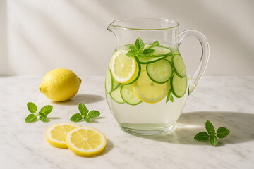 A refreshing summer drink setup featuring a glass pitcher of lemon cucumber infused water, set on a marble counter with sprigs of mint and sliced lemons, sunlight casting soft shadows.