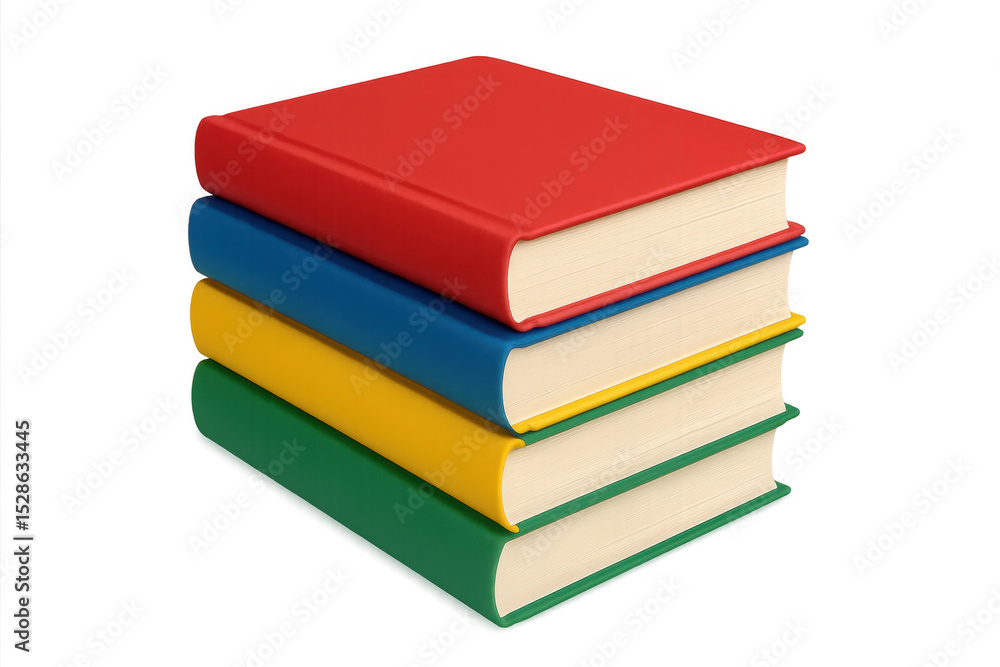 Poster colorful book stack creating gradient effect, arranged vertically on transparent backdrop, ideal for