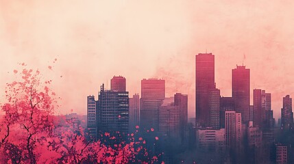 Urban landscape with blossoming trees at dawn.