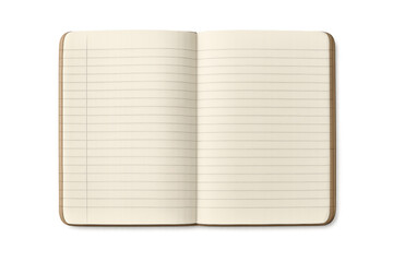 Open notebook showing blank lined pages on a transparent background, ready for writing or drawing