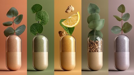 A vitamin capsules filled with plant-based powders and herbs, each sprouting natural leaves and ingredients ginger, seeds and lemon. Wellness, science and modern organic supplementation