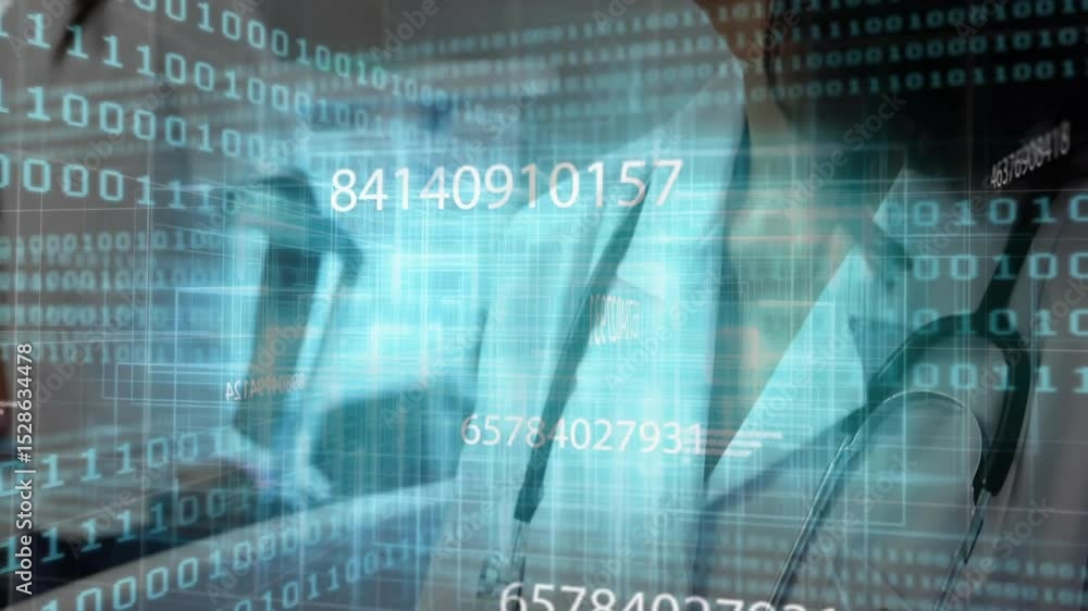 Aufkleber doctor writing patient notes on notepad starting medical data overlay animating binary numbers