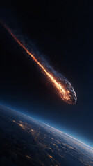 fiery asteroid streaking through deep space. globe planet on background.
