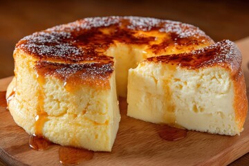 Decadent spanish flan delight kitchen table food photography cozy atmosphere close-up culinary indulgence.