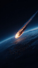 fiery asteroid streaking through deep space. globe planet on background.