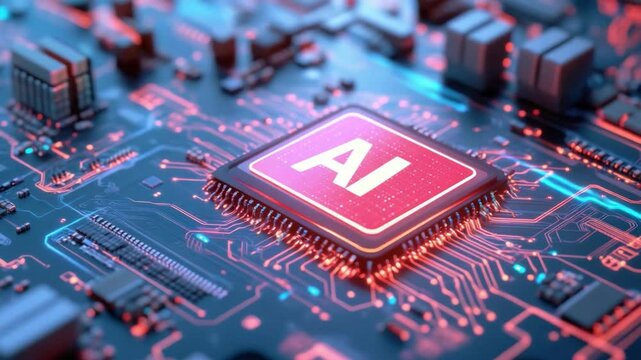 AI Processor: A close-up view of a central processing unit (CPU) with the "AI" designation lit up brightly, showcasing the technological marvels of artificial intelligence.