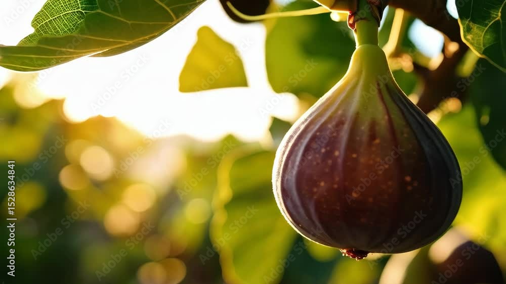 Poster Ripe fig hanging from tree branch with leaves, backlight from sun, close-up view showcasing the fruit's texture and color with a natural garden setting in soft focus.