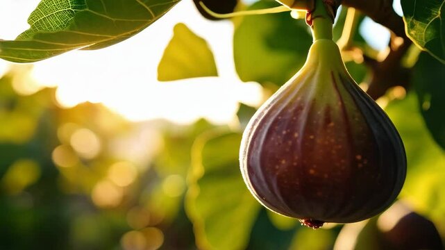 Ripe fig hanging from tree branch with leaves, backlight from sun, close-up view showcasing the fruit's texture and color with a natural garden setting in soft focus.