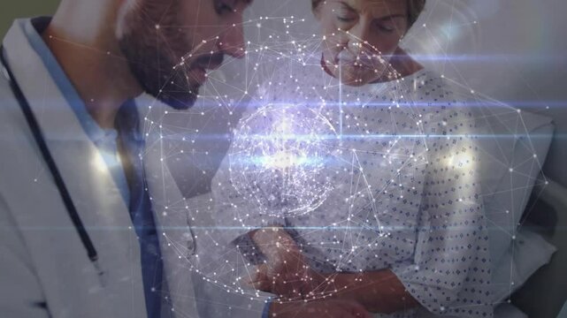 Physician tapping tablet and causing medical hologram for reviewing records with patient input