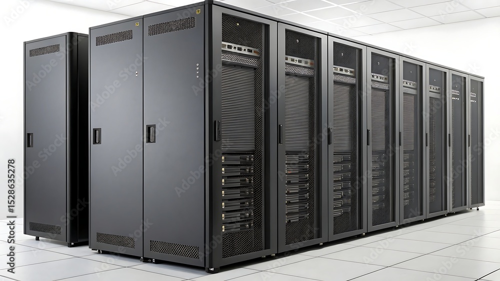 Poster multiple server racks aligned in high-tech data center with clean white background, symbolizing clou