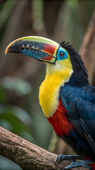 Fototapeta premium Close Up Portrait of a Channel Billed Toucan Perched on a Branch in a Tropical Rainforest Environment