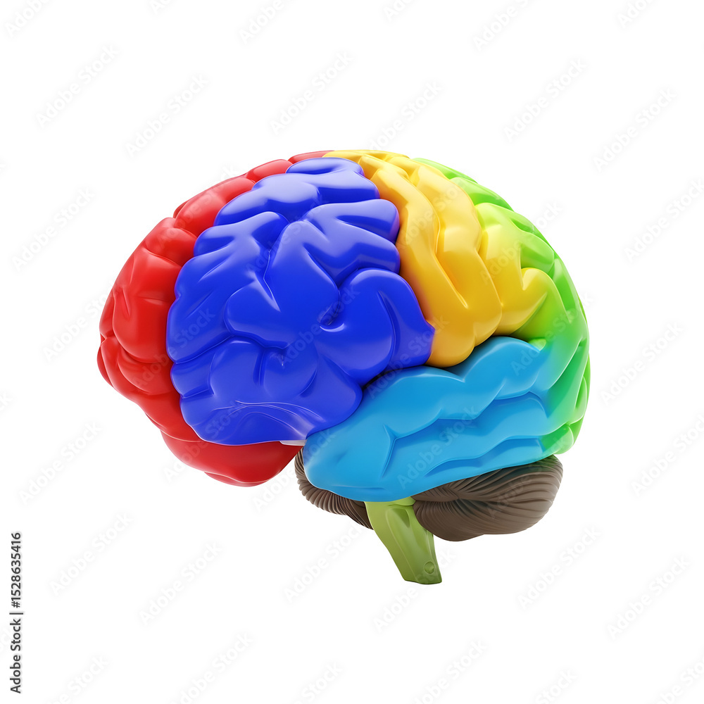 Poster a colorful 3d rendering of a human brain featuring sections in red blue yellow and green against a t