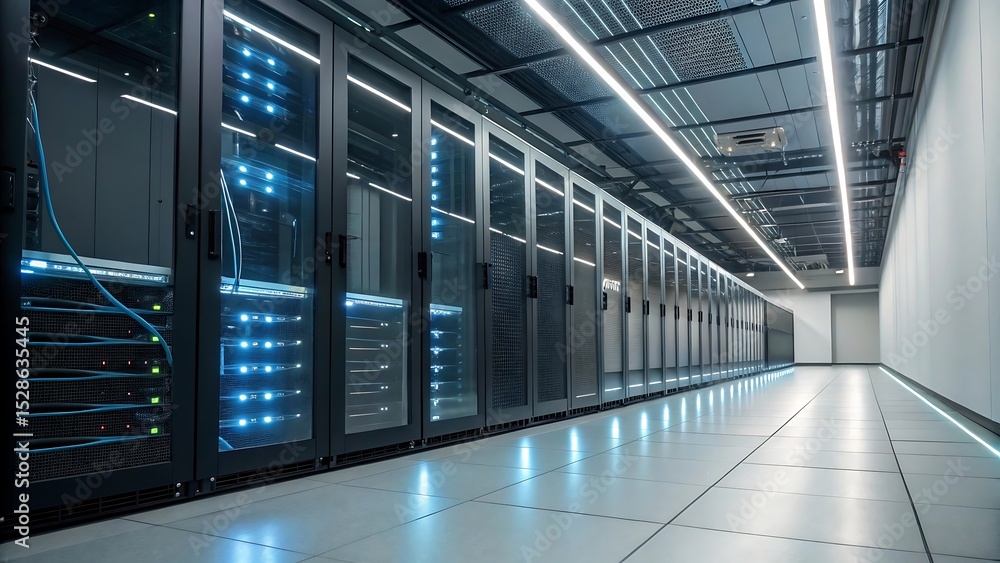 Poster bright glowing servers inside modern data center with reflective floor, symbolizing cloud storage, i