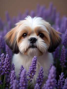 A Shih Tzu dog surrounded