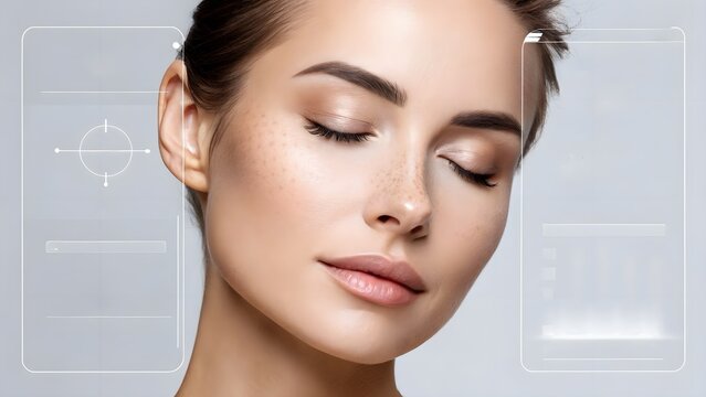 Futuristic close-up displaying virtual skincare UI overlays on a woman’s face; soft lighting and clean design for cutting-edge beauty tech visuals.