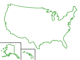 アメリカ合衆国の白地図（線画・州境線なし）グリーン