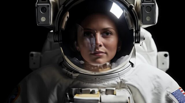 Female Astronaut Wearing a Space Suit Against Black Background