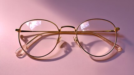 Fototapeta premium Elegant Round Gold-Rimmed Eyeglasses on a Soft Pink Background with Gentle Lighting