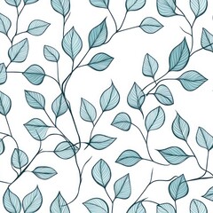 Seamless pattern with simple leaves and vines in light teal color, vector illustration. flat lay composition