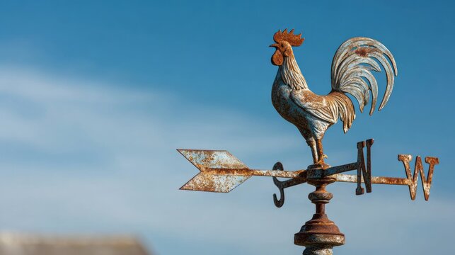 an old weather vane in the shape of a rooster, against a blue sky background.