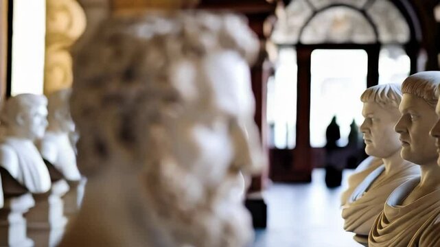 Row of classical marble busts, stone sculptures with curly hair and beard, illuminated and staged in a museum environment, art history