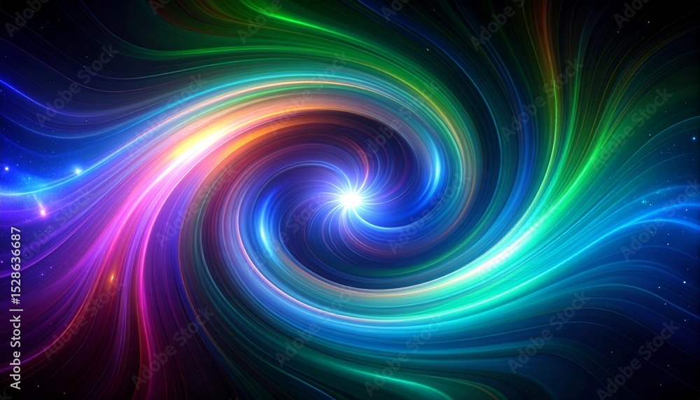 Poster an abstract swirling vortex of vibrant neon colors converging to a bright center point creates a cap