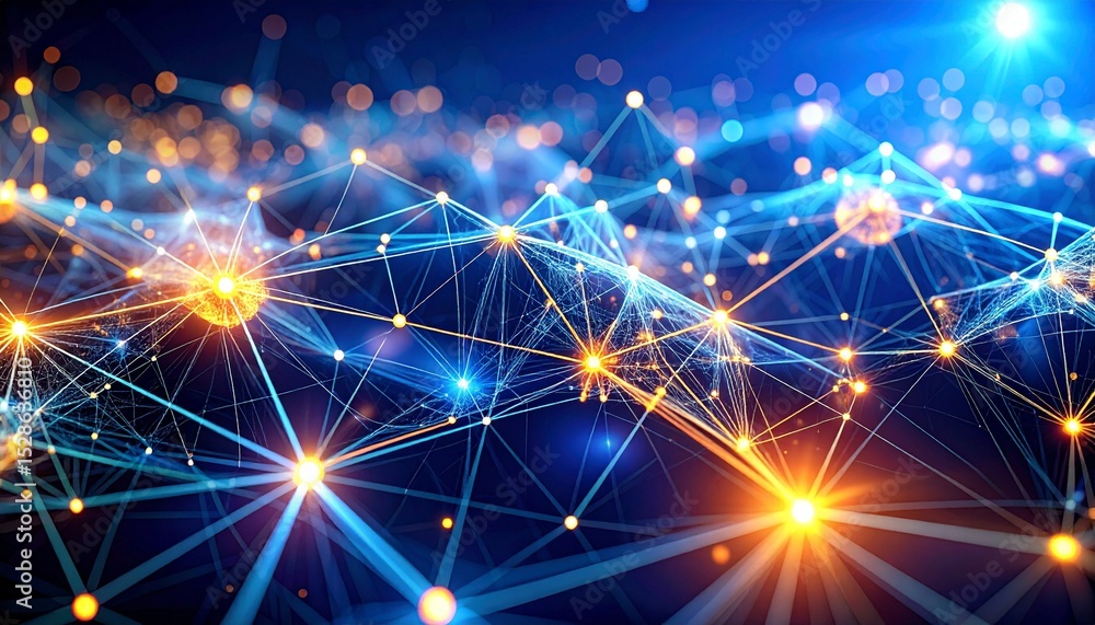 Poster a complex network of interconnected nodes glows with energy, symbolizing global communication and fu
