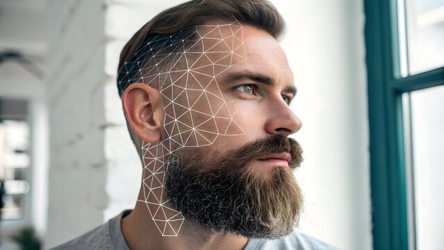 Sleek AI-generated portrait of a man with circuit-style beard patterns on a white backdrop—modern, tech-inspired aesthetic for future-forward branding.