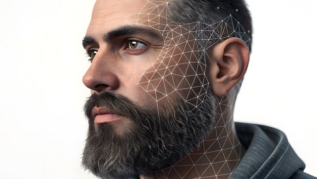 Sleek AI-generated portrait of a man with circuit-style beard patterns on a white backdrop—modern, tech-inspired aesthetic for future-forward branding.
