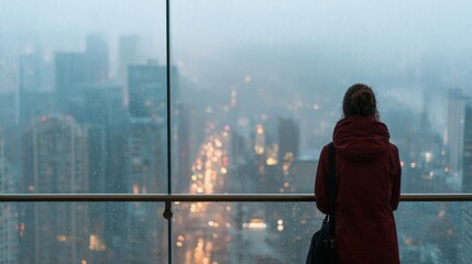 Fototapeta premium a person gazing out at a cityscape on a gloomy day.