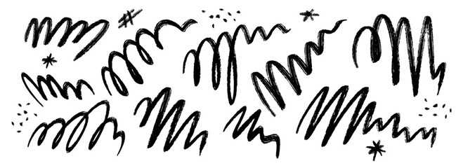 Hand drawn pen scribble set. Grunge crayon curly doodle line pack. Black free hand rough pencil scrawl try collection. Messy charcoal squiggle brush stroke bundle. Vector wiggly marker sketch swirl