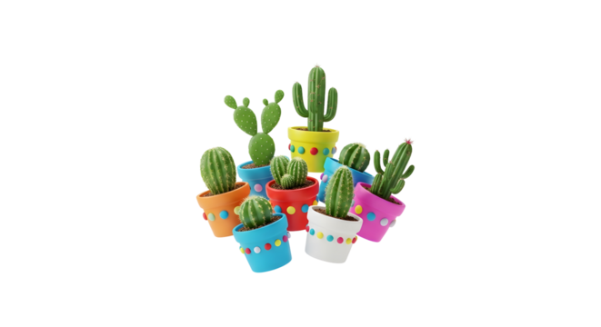 Collection of vibrant potted cacti plants in various colorful pots with decorative elements against a transparent background. Includes diverse shapes and sizes with bright colors.