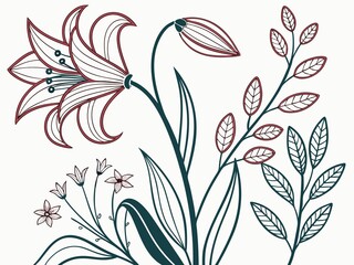 Illustration of a lily flower with leaves and stems in dark green and maroon on a white background
