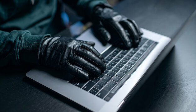 Gloved Hands Typing on Laptop Keyboard Cybersecurity and Digital Privacy